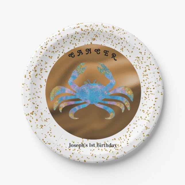 Stylish Cancer 1st Birthday & Gold Confetti  Paper Paper Plate (Front)