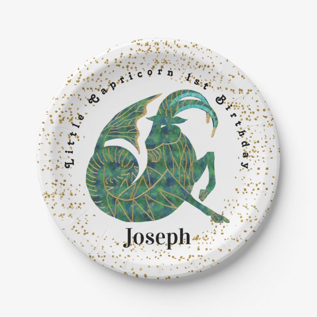 Stylish Capricorn 1st Birthday & Gold Confetti  Paper Plate (Front)