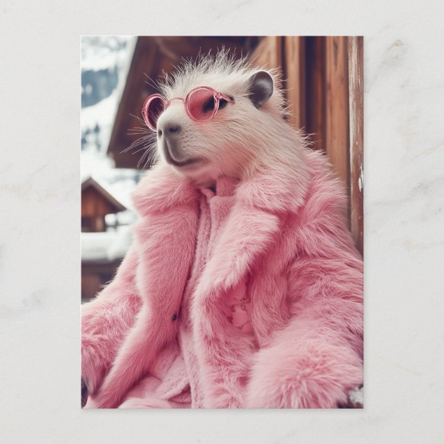 Stylish Capybara in Pink Fur Coat and Sunglasses  Postcard (Front)