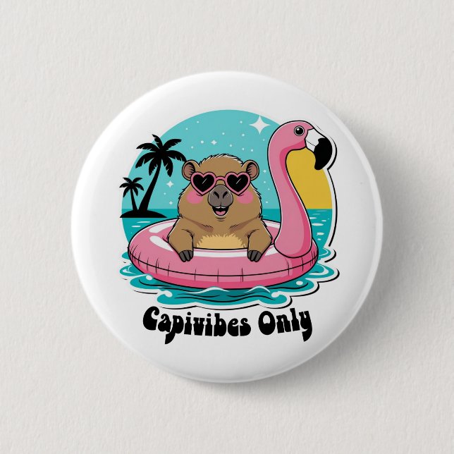 Stylish Capybara in Summer with Pink Flotation Dev 6 Cm Round Badge (Front)
