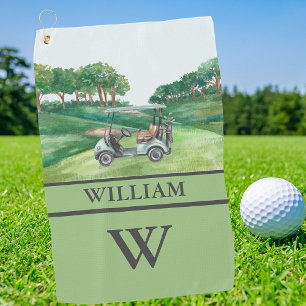 Stylish Cart Course Clubs Monogram Name   Golf Towel