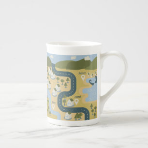 Stylish cartoon landscape vacation travel map bone china mug