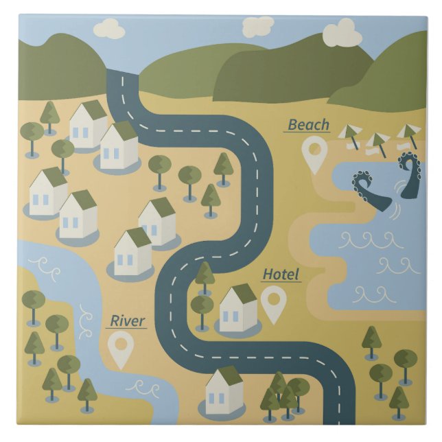 Stylish cartoon landscape vacation travel map ceramic tile (Front)
