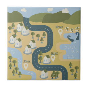 Stylish cartoon landscape vacation travel map ceramic tile