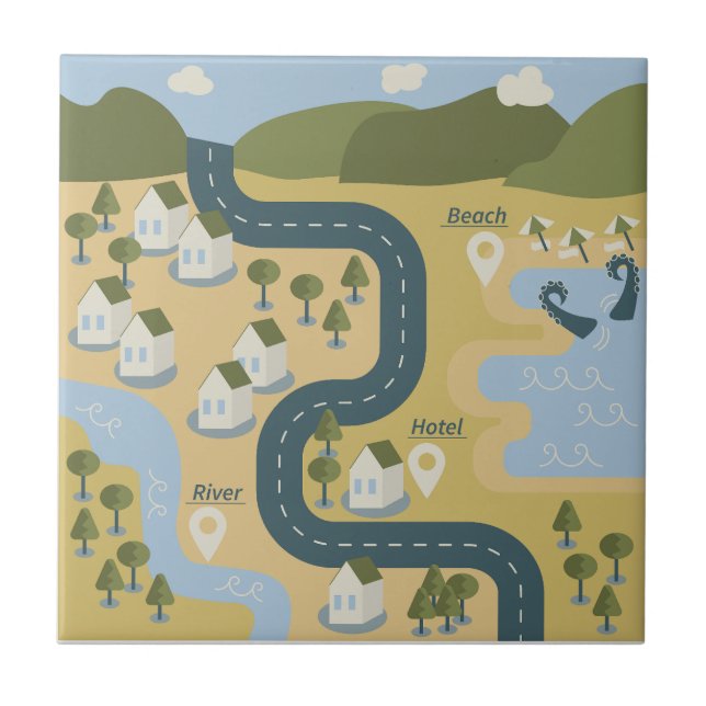 Stylish cartoon landscape vacation travel map ceramic tile (Front)