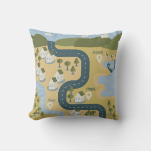 Stylish cartoon landscape vacation travel map cushion