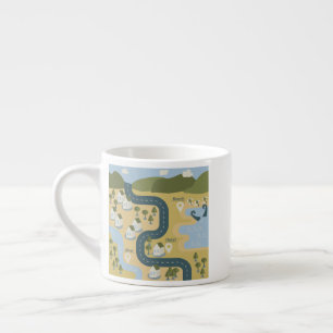 Stylish cartoon landscape vacation travel map espresso cup