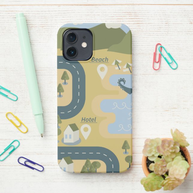 Stylish cartoon landscape vacation travel map iPhone case (On Desk)