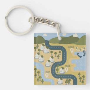 Stylish cartoon landscape vacation travel map key ring