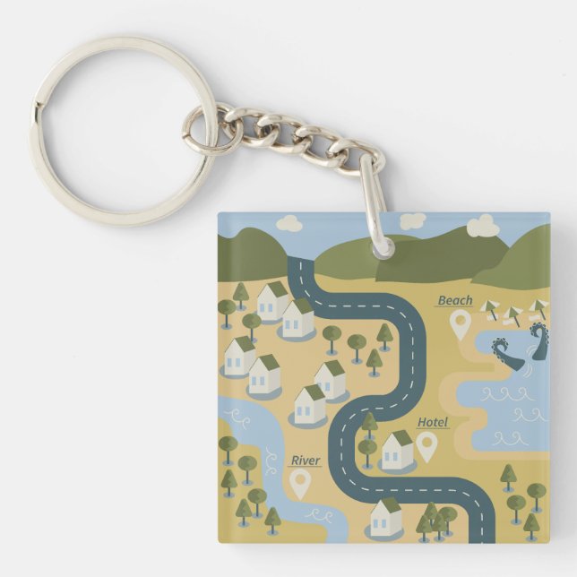 Stylish cartoon landscape vacation travel map key ring (Front)