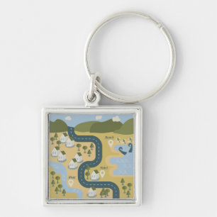 Stylish cartoon landscape vacation travel map key ring