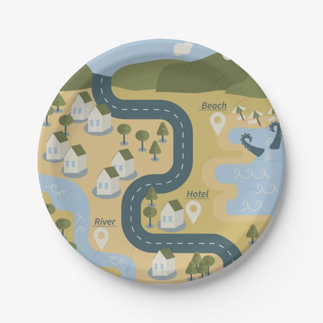Stylish cartoon landscape vacation travel map paper plate (Front)