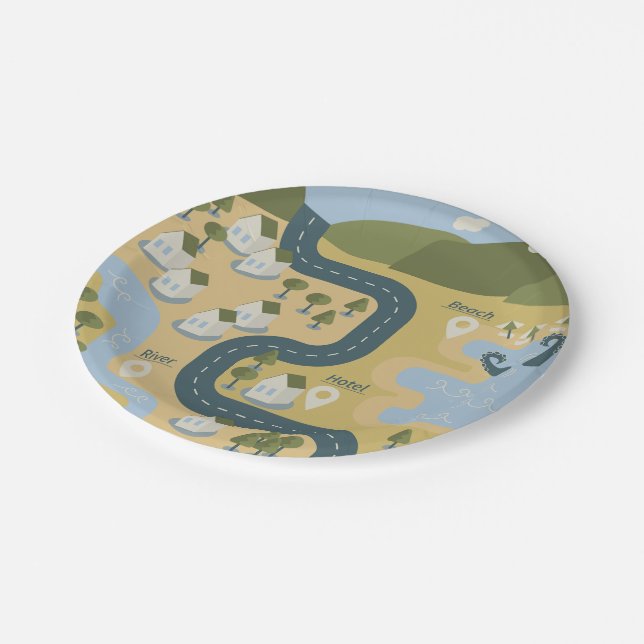 Stylish cartoon landscape vacation travel map paper plate (Angled)