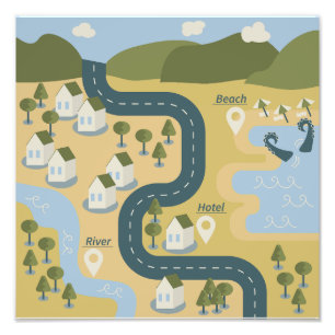 Stylish cartoon landscape vacation travel map photo print