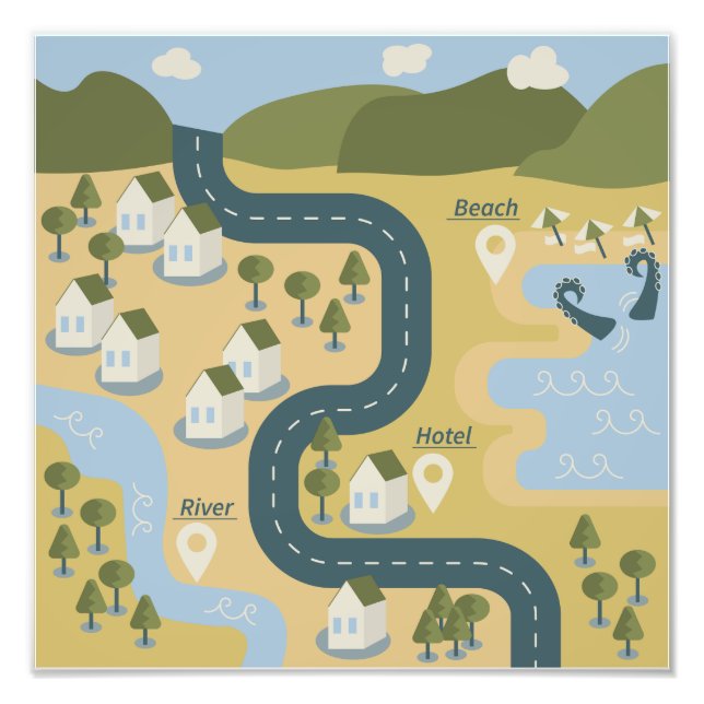 Stylish cartoon landscape vacation travel map photo print (Front)