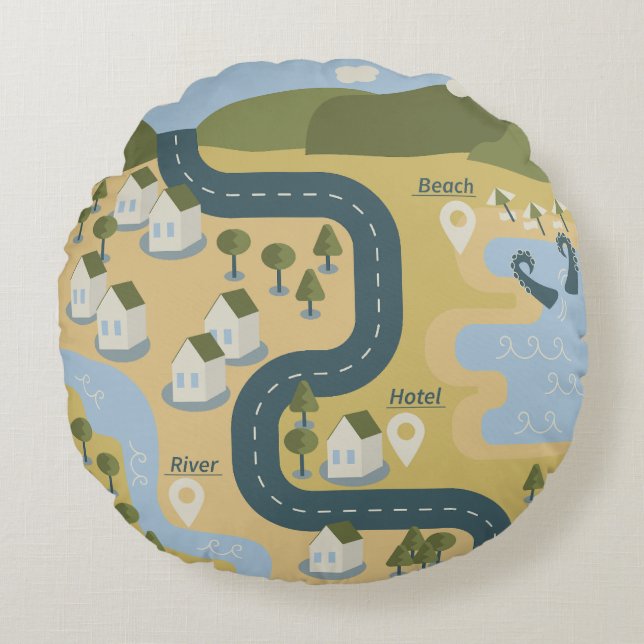 Stylish cartoon landscape vacation travel map round cushion (Front)