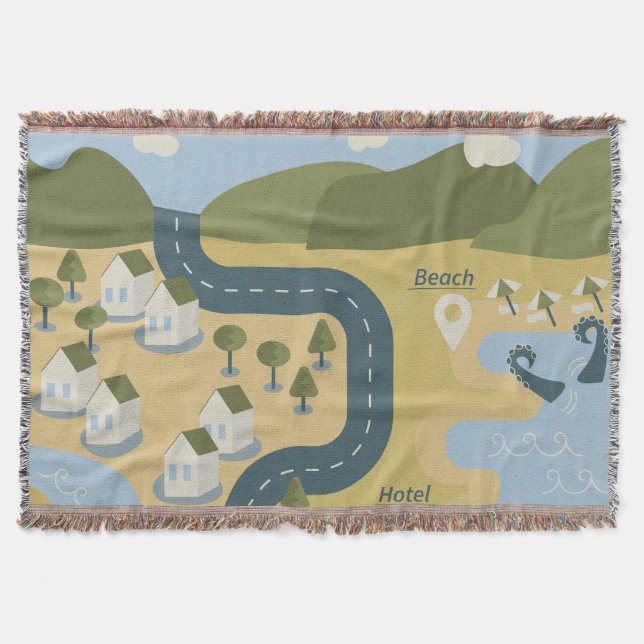 Stylish cartoon landscape vacation travel map throw blanket (Front)