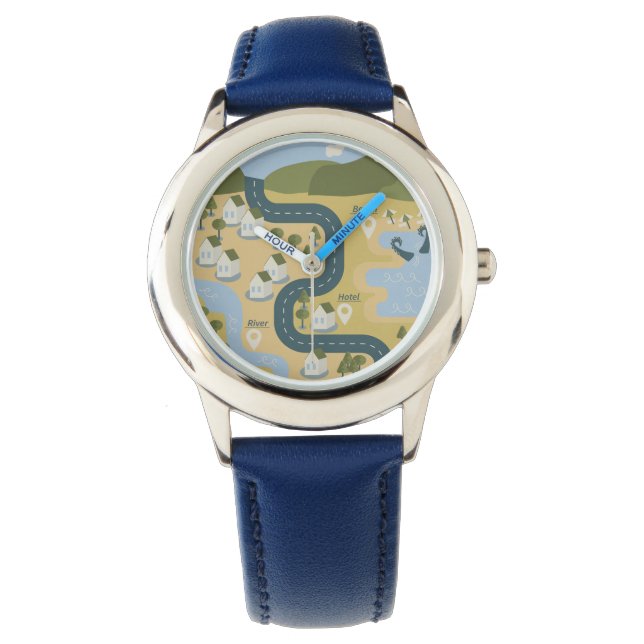 Stylish cartoon landscape vacation travel map watch (Front)