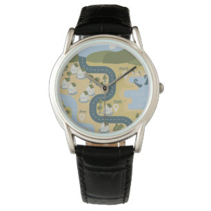 Stylish cartoon landscape vacation travel map watch