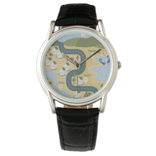 Stylish cartoon landscape vacation travel map watch (Front)