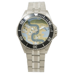 Stylish cartoon landscape vacation travel map watch