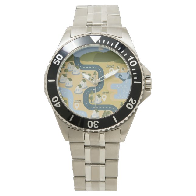 Stylish cartoon landscape vacation travel map watch (Front)