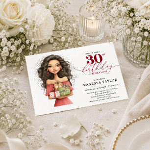 Stylish Cartoon Woman 30th Birthday Deep Red Party Invitation