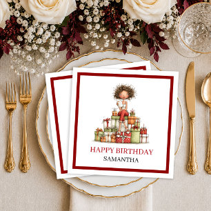 Stylish Cartoon Woman Burgundy Script Birthday Nap Napkin