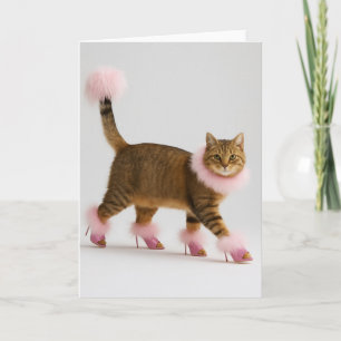 Stylish Cat in Pink Heels and Fluffy Glam          Card