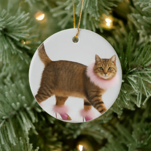 Stylish Cat in Pink Heels and Fluffy Glam Ceramic Ornament