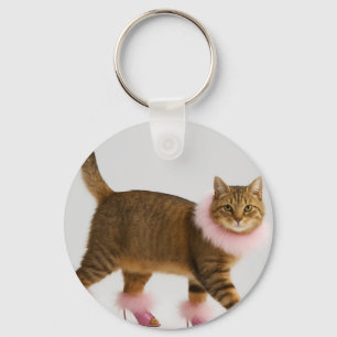 Stylish Cat in Pink Heels and Fluffy Glam Key Ring