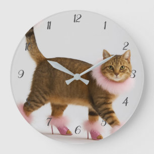 Stylish Cat in Pink Heels and Fluffy Glam Large Clock