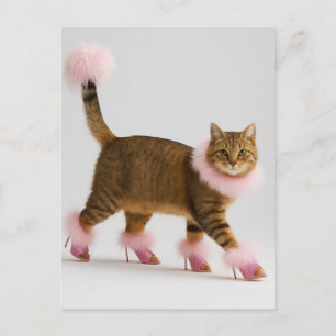Stylish Cat in Pink Heels and Fluffy Glam Postcard