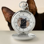 Stylish Cat Photo Pet Name Cute Pocket Watch<br><div class="desc">Add your own cat photo to this classy pocket watch. Purrfect watch for the black cat owner of today</div>