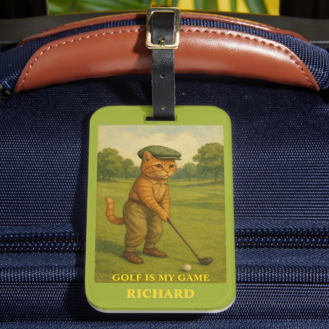 Stylish Cat Playing Golf Personalised  Luggage Tag (Front Insitu 2)