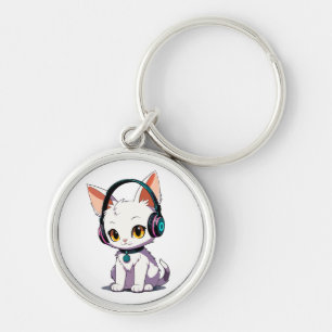 Stylish Cat Wearing Headphones Key Ring
