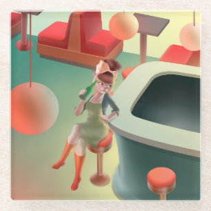 Stylish Cat with Bottle Sitting at Bar Glass Coaster