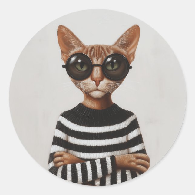 Stylish Cat With Round Glasses Classic Round Sticker (Front)
