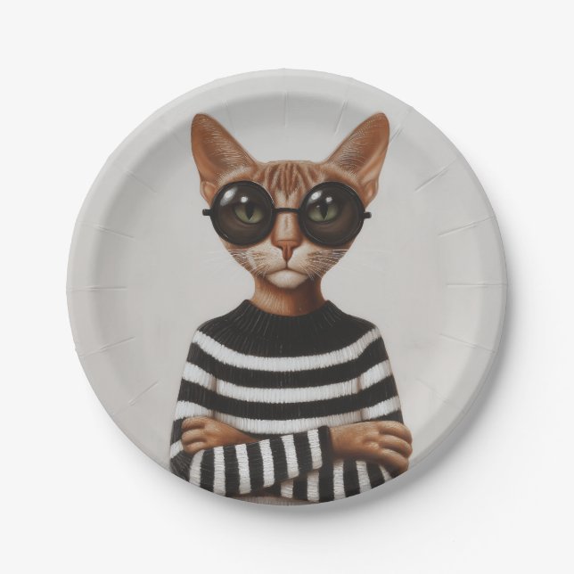Stylish Cat With Round Glasses Paper Plate (Front)