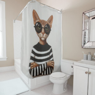 Stylish Cat With Round Glasses Shower Curtain