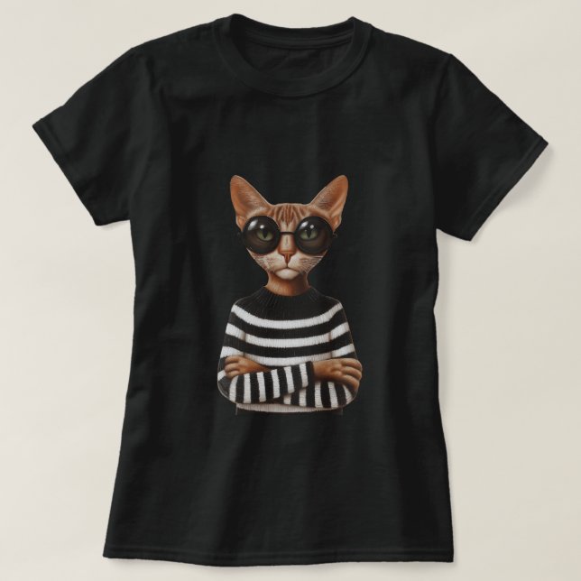 Stylish Cat With Round Glasses T-Shirt (Design Front)