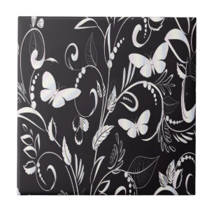 Stylish Chalkboard White Butterflies and Floral Ceramic Tile