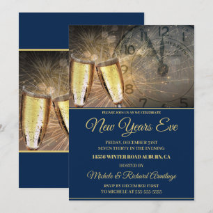 Stylish Champagne and Clock New Years Invitation