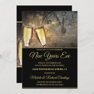 Stylish Champagne and Clock New Years Invitation