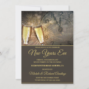 Stylish Champagne and Clock New Years Invitation