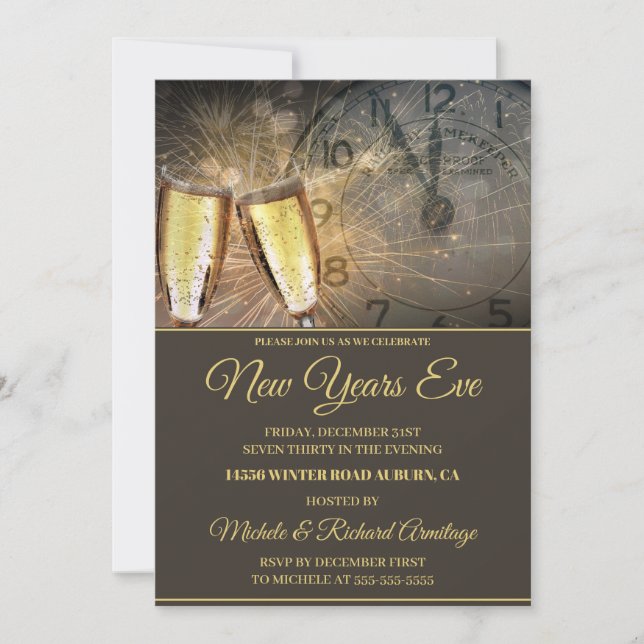 Stylish Champagne and Clock New Years Invitation (Front)