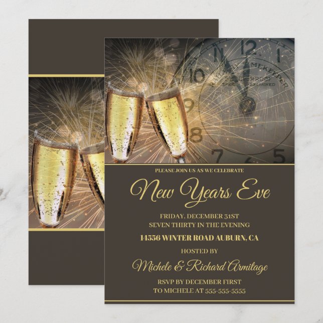 Stylish Champagne and Clock New Years Invitation (Front/Back)