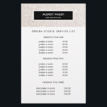 Stylish Champagne pink Salon Pricing & Services Flyer<br><div class="desc">Glamourous and Stylish flyer design displays your services, price list or business information over a digital image of Champagne pink glitter pattern. Black stripe overlay. Includes four customisable headings and body text fields. To adjust layout, enter your text and then use the Customise function to change positioning and font sizes....</div>