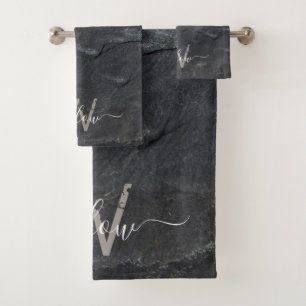 Stylish Charcoal Grey Stone Script Monogram  Bath Towel Set