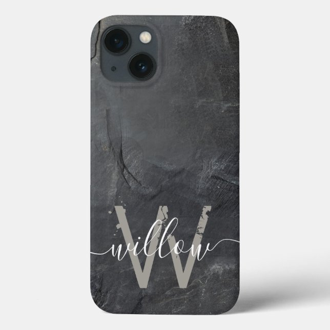 Stylish Charcoal Grey Stone Script Monogram Case-Mate iPhone Case (Back)